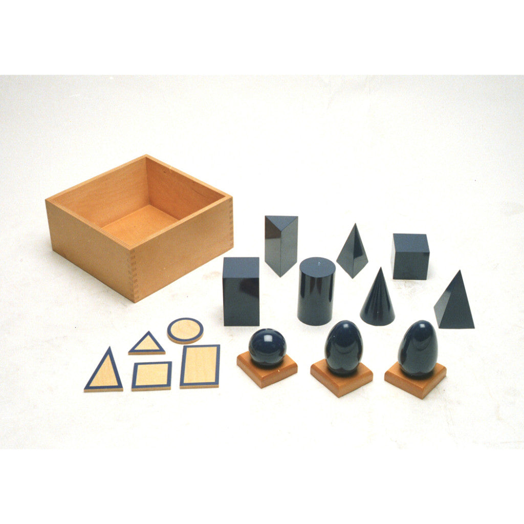 Alison's Montessori Materials, Imported, Sensorial, Premium Quality, Geometric Solids - 10 solids, 5 bases and 3 stands in a box