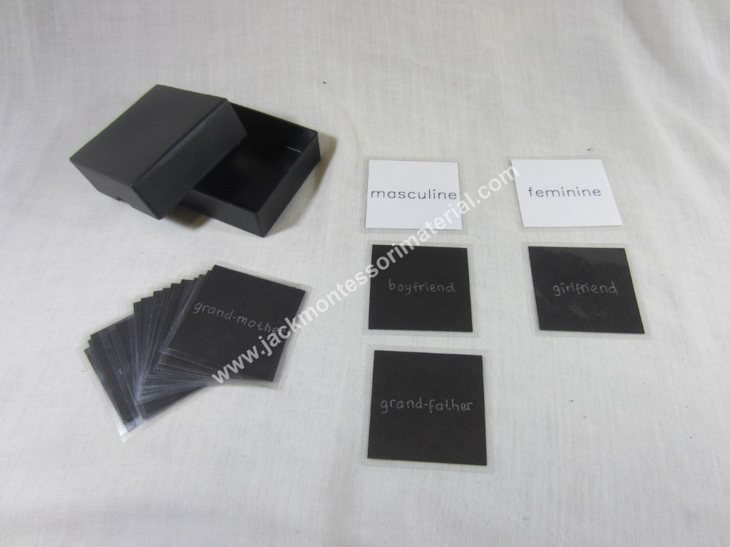 JACK Montessori Materials, Local, Language, Premium Quality, Nouns - masculine and feminine - box 3 (word cards) (Includes 1 Plastic Box)