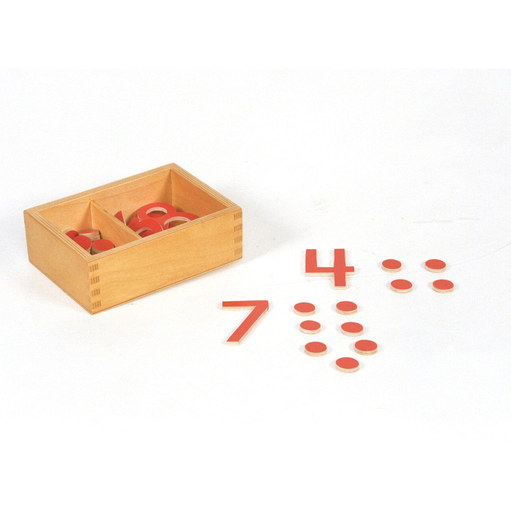 Alison's Montessori Materials, Imported, Mathematics, Premium Quality, Cut-out numerals 1 - 10 and 55 wooden counters in a box