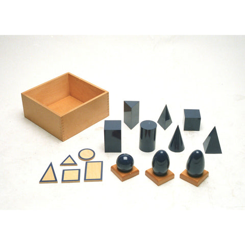 Alison's Montessori Materials, Imported, Sensorial, Premium Quality, Geometric Solids - 10 solids, 5 bases and 3 stands in a box