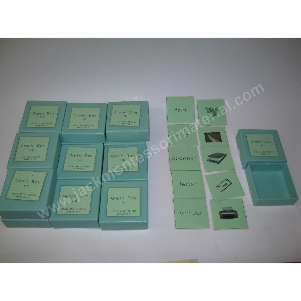 JACK Montessori Materials, Local, Language, Premium Quality, Green phonogram boxes (15) (Includes 15 Plastic Box)