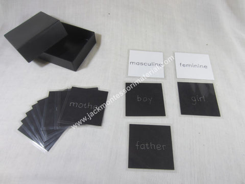 JACK Montessori Materials, Local, Language, Premium Quality, Nouns - masculine and feminine - box 1 (word cards) (Includes 1 Plastic Box)