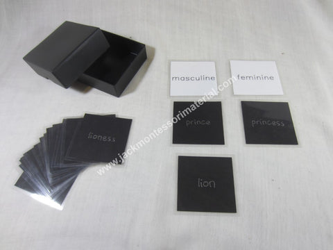 JACK Montessori Materials, Local, Language, Premium Quality, Nouns - masculine and feminine - box 2 (word cards) (Includes 1 Plastic Box)